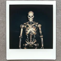 dark old polaroid of an german scientist who created a terminator exoskeleton, world war 2