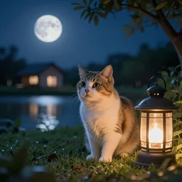 a cute cat looks across at night, lantern light illuminates besides, photorealistic, dreamy moonlit nightscape by the garden, lake house, smooth, matte colors, trending on artstation, 4 k, 8 k