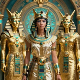 pfp portrait gunslingers cyberpunk egyptian fae in tribal regalia, an idea seep's into infinity highly detailed in volumetric latent space, golden turquoise, cinematic light, sharp focus, divine realm of gods, octane render,
