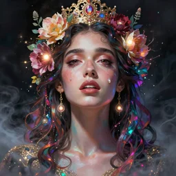 zoe saldana, portrait, colorful and vibrant majestic, royal, open wide eyes, drops of tear with flowers on her hair, glowing light orbs, intricate concept art, elegant, digital painting, smooth, sharp focus, ethereal opalescent mist, outrun, vaporware, cyberpunk darksynth, ethereal, ominous, misty, 8 k, by ruan jia and miho hirano, rendered in octane