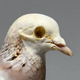 pigeon head made of bone structure, with diapsid with a pre - lachrymal fossa, a single occipital condyl, macro photograph by naturalist museum
