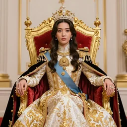 regal yui hiwasawa from  sitting on queens throne royalty wearing royal mantle gold jewelry by alex ross