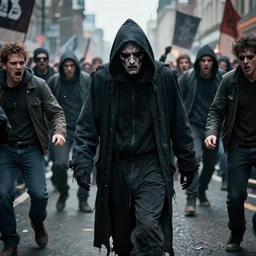photo of the tired grim reaper central figure walking among angry rioters, riot, violent protest, hyper detailed, realistic, cinematic