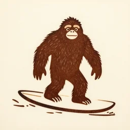 a minimalist woodcut of Sasquatch surfing in Hawaii