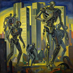 the city of giants, buildings from robotic carcasses, italian futurism, oleo painting, art deco, volumetric lighting