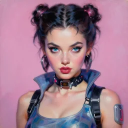 a young bettie page as a cyberpunk cyborg fashion model portrait, seducing eyes, hyperrealism oil painting, artstation