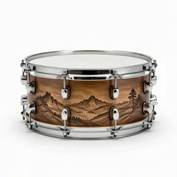 engraved snare drum, photorealistic, isolated on a pure white background, centered, entire object in frame, sharp focus, soft studio lighting