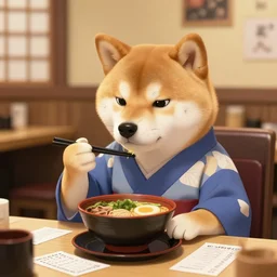 a shiba innu wearing a kimono, eating at a ramen bar, upset at the cost of the bill