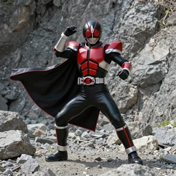 Kamen Rider with a flowing cape doing a henshin pose, single character, full body, 4k, rock quarry location, vibrant colors, daytime, glowing eyes, rubber suit, biomechanical armor, ultra realistic, high quality, cinematic, centered, cinematography