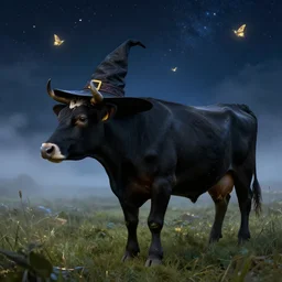 a detailed matte painting of a cow standing in a grassy field wearing a witch hat, viewed in profile, glowing moths and fog in the background, starry night, black and blue color scheme with gold highlights, in the style of discworld and harry potter, 8 k, octane render