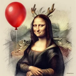 surrealism grunge cartoon portrait sketch of a dragon with a wide smile and a red balloon by - michael karcz, loony toons style, mona lisa style, horror theme, detailed, elegant, intricate