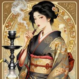 hyperdetailed portrait of a woman in a kimono smoking a hookah, digital painting, artstation hq, sharp foccus ilustration, artstation hq. intricate, elegant. wlop, artgerm, greg rutkowski, alphonse mucha, medium shot. dan mumford, tomokazu matsuyama, takato 4 yamamoto