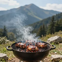 cthulhu grilling meat in a barbecue outside, sunlight, natural lighting, nature, mountain, barbecue, professional photography, 5 0 mm