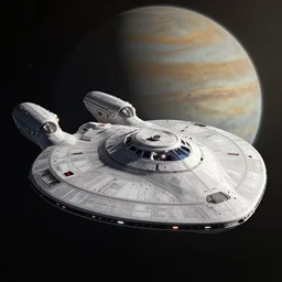 the enterprise c with nacelles behind the saucer section orbiting a gas giant planet hyperdetailed, main focus on the enterpise from star trek, artstation, cgsociety, in the style star trek 8 k