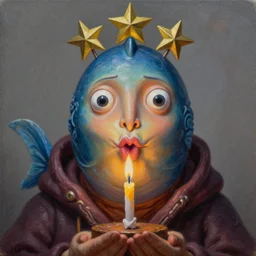 intricate five star portrait of fish man blowing the candle at his birthday, oil on canvas, hdr, high detail, photo realistic, hyperrealism, matte finish, high contrast, 3 d depth, centered, masterpiece, grainy, muted colors, enhanced light effect, enhanced eye detail, artstationhd