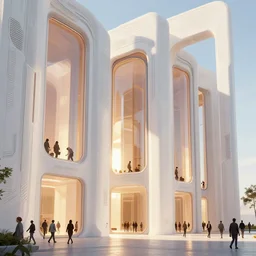 pods attached to the walls of a monument with cyberpunk motifs, by tim blandin and arthur haas and bruce pennington and john schoenherr, big windows architecture by zaha hadid, octane render, warm colour scheme, white, cinematic, scenery, cgsociety, modernism, futuristic, artstation, sci - fi, high detail, close up angle, people walking