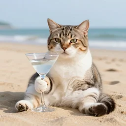 realistic photo of a cat chilling out on the beach and holding a glass of martini in his paws