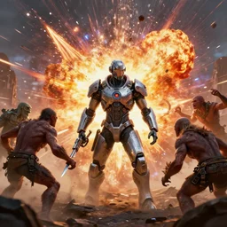 time lapse with futuristic human in war with prehistoric humans, digital art, highly detailed, explosion of color, sharp focus, unrealistic