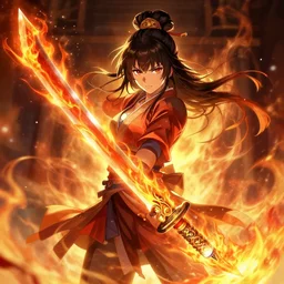 japanese fire warrior goddess with a flaming sword, by ferdinand knab, insanely detailed, digital art, pixiv, much wow, wallpaper, 3 d style, shaded, radiant light, illuminated.