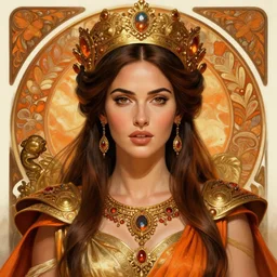 portrait of megan fox as a queen, throne, jewelry, greek, orange, intricate, headshot, highly detailed, digital painting, artstation, concept art, sharp focus, cinematic lighting, illustration, art by artgerm and greg rutkowski, alphonse mucha, cgsociety