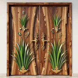 a huge wooden door made by two slabs with live edge with rush plant ornaments in bright metalllic element, ornate, fantasy, photorealistic, octane render, volumetric light, high definition, ultra detailed, artstation, deviantart, cgsociety