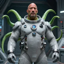 cinematic portrait of fat cyborg dwayne johnson in futuristic light grey spacesuit, green tentacles on face, has 6 arms, space station at background, high detail, 8 k, sharp focus, movie still, dramatic lighting, ray tracing, smooth, lane brown, finnstark, oleg bulakh, diego fazio, mike dargas, emanuele dascanio, felix englund,