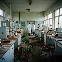 32mm photo of the interior a long abandoned lab, overgrown and equipment can be seen rusted with time, the memories of scientists can still be seen trying to find a cure shot on 35mm film