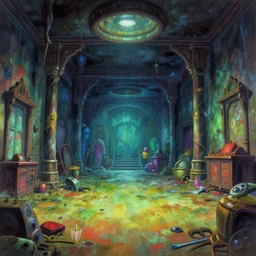 Colorful, creepy John Berkey landscape painting of detailed interior of giant deserted liminal space, basement floor, anime key visual
