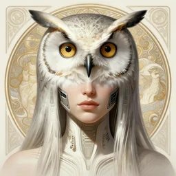 symmetry!! portrait of woman with owl features in the style of horizon zero dawn, machine face, intricate, elegant, highly detailed, digital painting, artstation, concept art, smooth, sharp focus, illustration, art by artgerm and greg rutkowski and alphonse mucha, 8 k