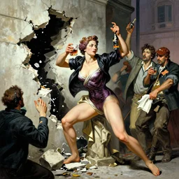 lady destroying wall - street short sellers with her mind powers while drinking bourbon, in the style of giacomo ballagian lorenzo bernini and chesley bonestell and johfra bosschart and gaston bussiere.