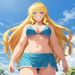 a very beautiful young anime giantess from below, full body, long wavy blond hair, sky blue eyes, full round face, evil grin, bikini, miniskirt, front view, mid - shot, highly detailed, cinematic wallpaper by stanley artgerm lau