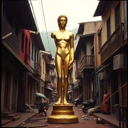 vintage color photo of a golden brancusi sculpture in the middle of a poor brazilian favela street, image by werner herzog