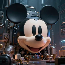 a giant mickey mouse head surrounded by mechanics, cyberpunk art by eddie mendoza