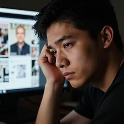 closeup potrait of young filipino man looking defeated in front of his computer, amsterdam, dark room, screen light, sharp, detailed face, magazine, press, photo, Steve McCurry, David Lazar, Canon, Nikon, focus