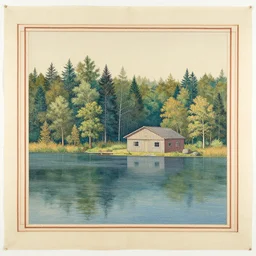 hut retreat on forested lake, neo - neolithic stone colors painting on silk sheet, tripled fine lines