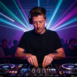 robert lewandowski as a dj in the club, photorealiscic face, darc bacgroud, lasers