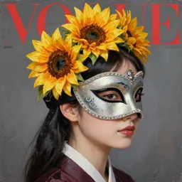 masquerade ball mask, korean audrey hepburn, vogue magazine, elle magazine, greg rutkowski, john singer sargent, trending on artstation, anime, oil painting, side profile portrait, sunflower tiara, looking right, intricate