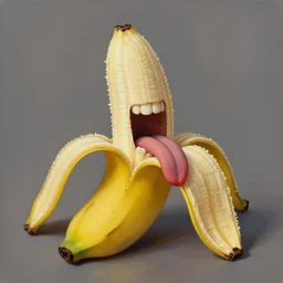 a surrealist painting of an open banana peel with teeth and tongue, artstation