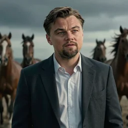 medium shot portrait of leonardo dicaprio in don't look up, octane render, redshift, smooth, photographic, drammatic lighting, flying horses in the background, by dmitry prozorov, loish, and wlop, trending on artstation