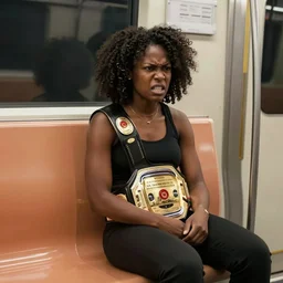 color photo of an angry black female champion sitting on the seat in the subway, soft lighting, worm tone.