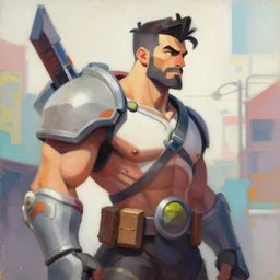 greg manchess portrait painting of duncan man - at - arms as overwatch character, medium shot, asymmetrical, profile picture, organic painting, sunny day, matte painting, bold shapes, hard edges, street art, trending on artstation, by huang guangjian and gil elvgren and sachin teng