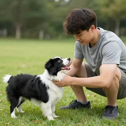 a short guy playing with his black and white dog