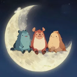 happy little creatures sitting on the moon, fantasy, concept art, artstation, disney, pixar, dreamworks, anime, tyler edlin, feng zhu, jparked, thomas karpi