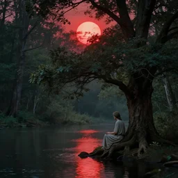 semi real, and semi surreal. it's like a blend of a dream and a flawed memory. it's a forest under a red sun. a god sits under a tree, watching over a mystical body of water.