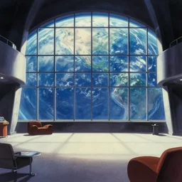 2001: A Space Odyssey, empty lobby, view of Earth through large window, by Ralph McQuarrie