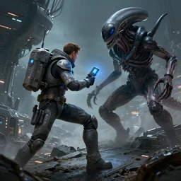 a man in a cyberpunk space suit on a broken ship, fending of an alien monster with a device, intricate, highly detailed, digital painting, artstation, sci fi, smooth, rimlight, sharp focus, illustration, unreal engine 5, 8 k, art by artgerm and greg rutkowski