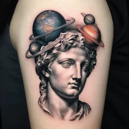 planets on the top of a broken renaissance head statue, realism tattoo design, in the style of tony santos