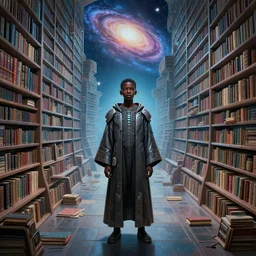 a breathtaking 8 k resolution matte painting of a black boy wearing cyberpunk robes inside a vast and endless four dimensional solarpunk library a the end of the galaxy, timbuktu, in a symboloic and meaningful style, by m. c. escher and greg rutkowski and zdislaw beksinki