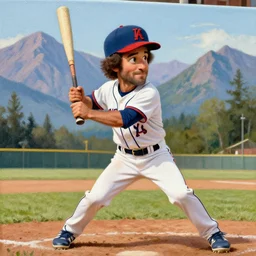 a closeup photorealistic photograph of bob ross themed kenny powers playing baseball, a painting on a canvas. mountains and trees. film still. brightly lit scene. this 4 k hd image is trending on artstation, featured on behance, well - rendered, extra crisp, features intricate detail, epic composition and the style of unreal engine.