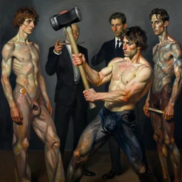 highly detailed photography of a strong men hammering, sharp focus, dramatic scene, dynamic lighting, elegant, harmony, masterpiece, by jenny saville, by ben aronson, by james jean, by craig mullins, by jeremy mann, by lucian freud, high quality